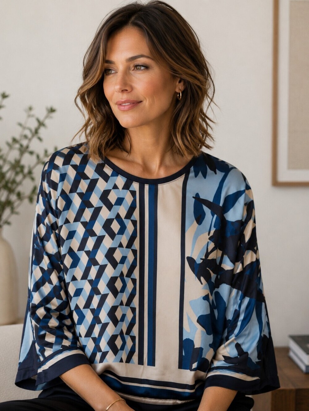 Betty Barclay Blue Geometric Floral Print Blouse | Sophisticated 3/4 Sleeve Top